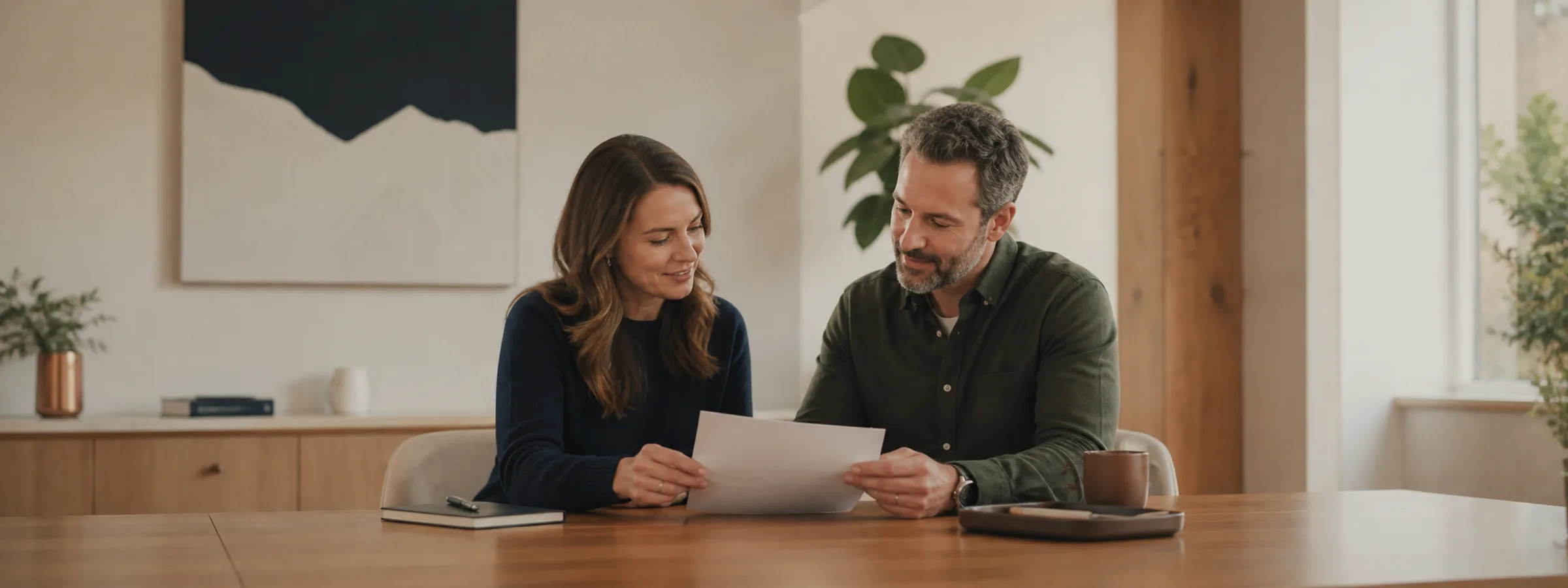 A lawyer and a small-business owner reviewing a document together in a warm, modern office.